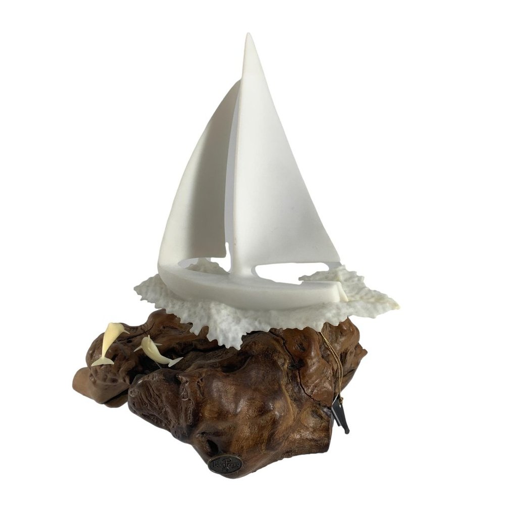 Vintage John Perry Sailboat Dolphin Burl Wood Art Sculpture Marine Sea Life Flaw